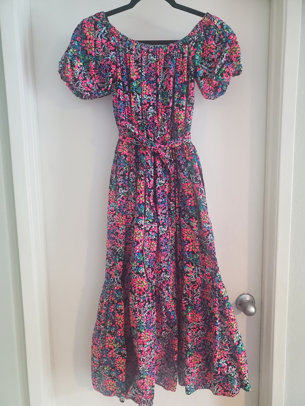 Lilly Pulitzer Tammie Multicolor Off-Shoulder Floral Maxi Dress Belt XS Like New